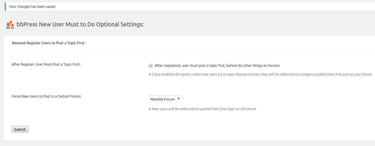 bbpress new user must to do optional settings