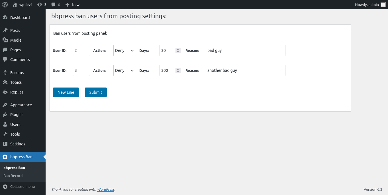 bbpress ban users from posting settings